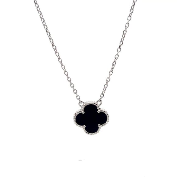 925 Sterling Silver Necklace 17 inches Chain Black Agate Clover Pendant - Picture 4 of 5